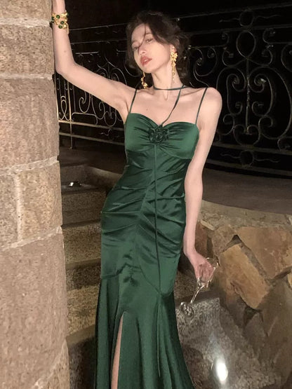 Simple Sheath Spaghetti Straps Floor Length Green Satin Prom Dresses Birthday Dress SD452