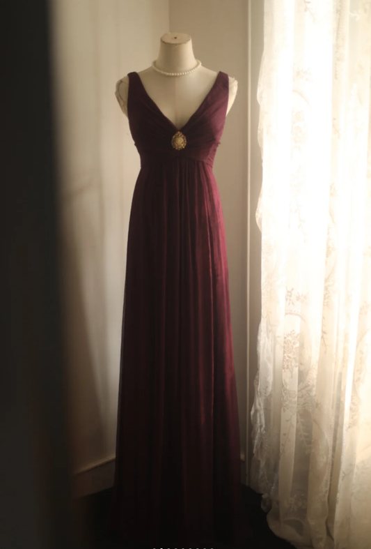 Retro Dark Purple V Neck Chiffon Long Prom Dress Evening Gown D2315