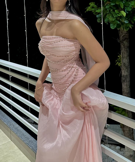Glamorous Strapless Pink Chiffon Beaded Mermaid Long Wedding Guest Dress Evening Dress With Scarf D1961