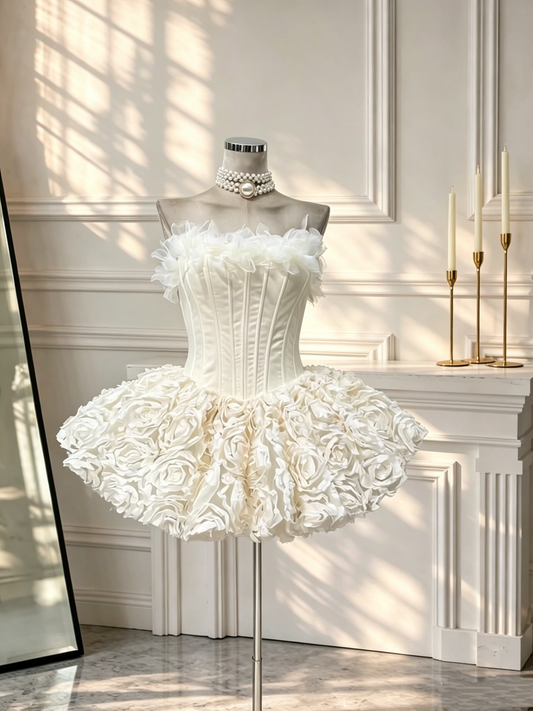 Elegant Strapless Tulle Floral A Line Mini Cocktail Dress Formal 6th Grade Homecoming Dress D2699