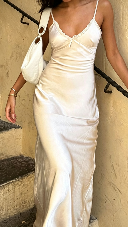 Classy Spaghetti Strap V Neck White Satin Long Party Dress Evening Dress D4362