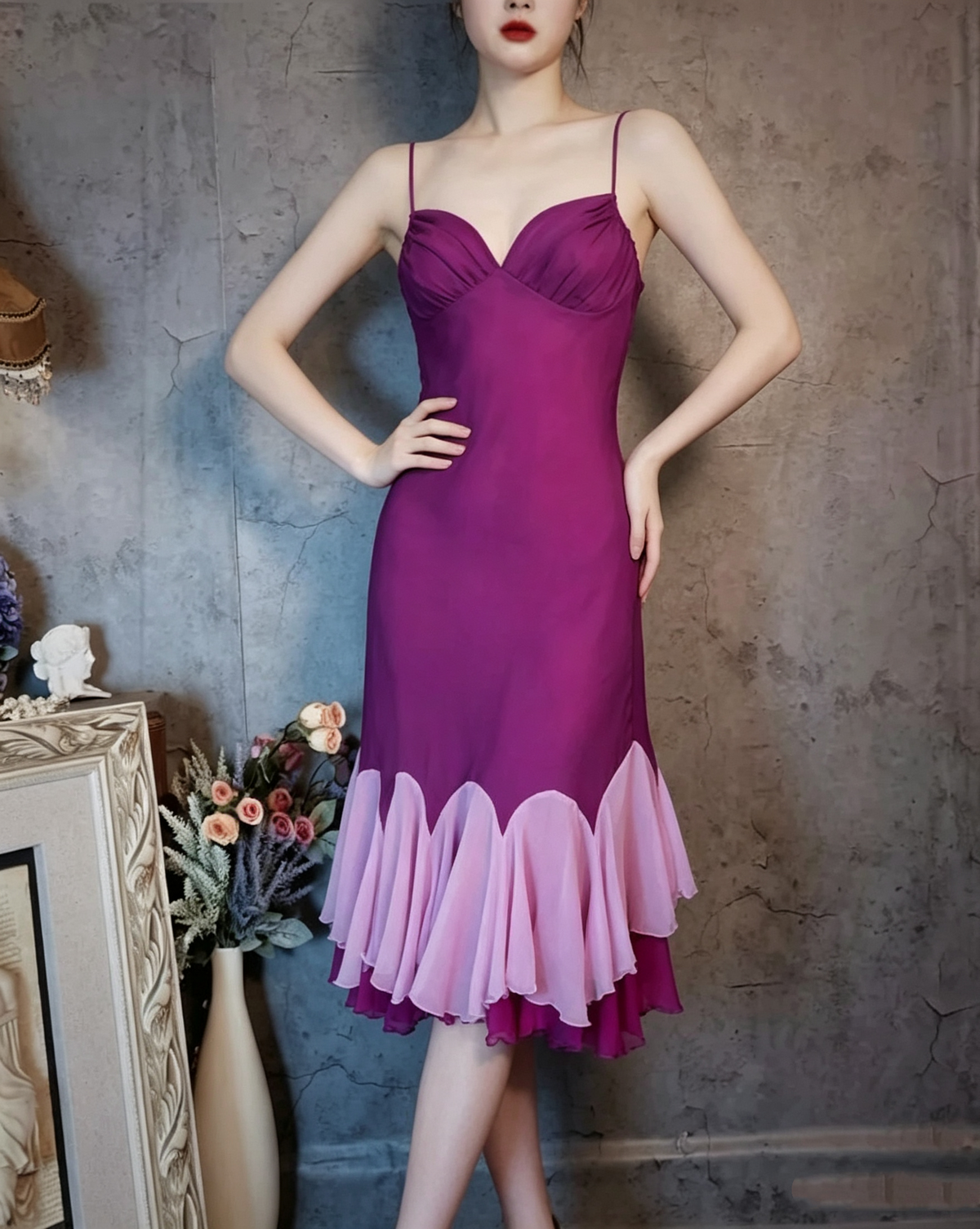Vintage Spaghetti Straps Fuchsia Satin Chiffon Ruffles Mermaid Party Dress Long Evening Gown D1477