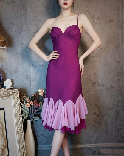 Vintage Spaghetti Straps Fuchsia Satin Chiffon Ruffles Mermaid Party Dress Long Evening Gown D1477