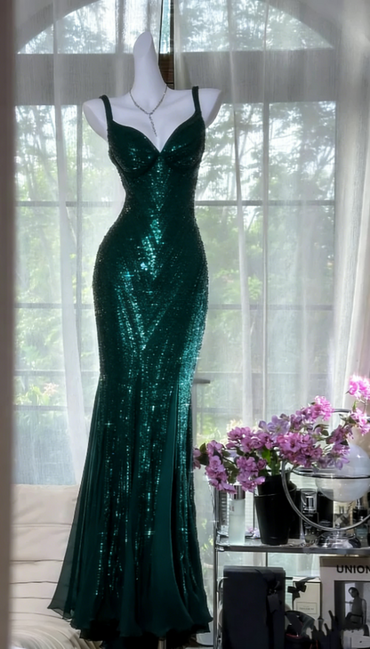 Vintage V Neck Dark Purple Chiffon Sequin Mermaid Long Party Gown Evening Dress D980