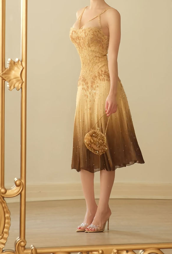 Shiny Spaghetti Straps Ombre Chiffon Lace Sequin Mermaid Prom Dress Formal Wedding Guest Dress D2764