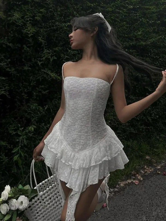 Vintage Spaghetti Straps Lace A Line Birthday Outfits White Layered Homecoming Dress S469