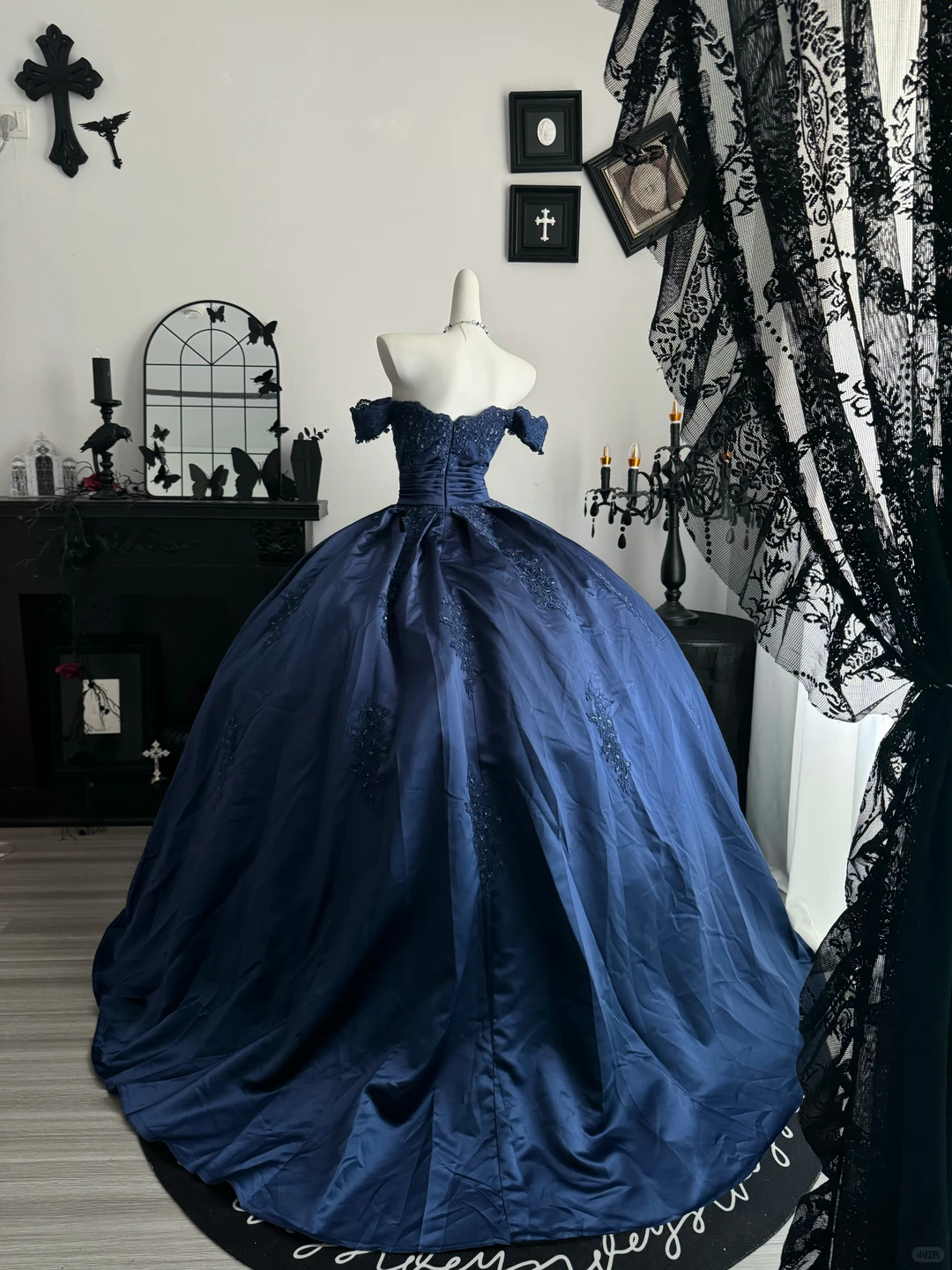 Vintage Off The Shoulder Quinceanera Dress,Navy Blue Satin Appliques Sweet 16 Dress D3705