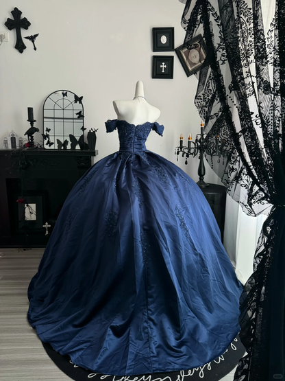 Vintage Off The Shoulder Quinceanera Dress,Navy Blue Satin Appliques Sweet 16 Dress D3705