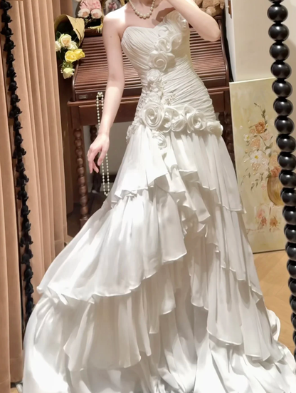 Elegant Strapless Satin Pleated Layered Mermaid Long Wedding Dress White Formal Bridal Dress D2043