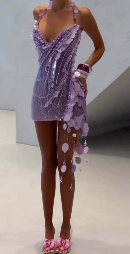 Gorgeous Purple Halter Sequin Sheath Short Homecoming Dress Cocktail Dress D4683