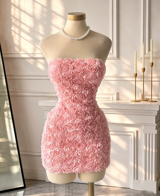 Sexy Strapless Rose Floral Sheath Short Cocktail Dress Pink Birthday Outfits D2599