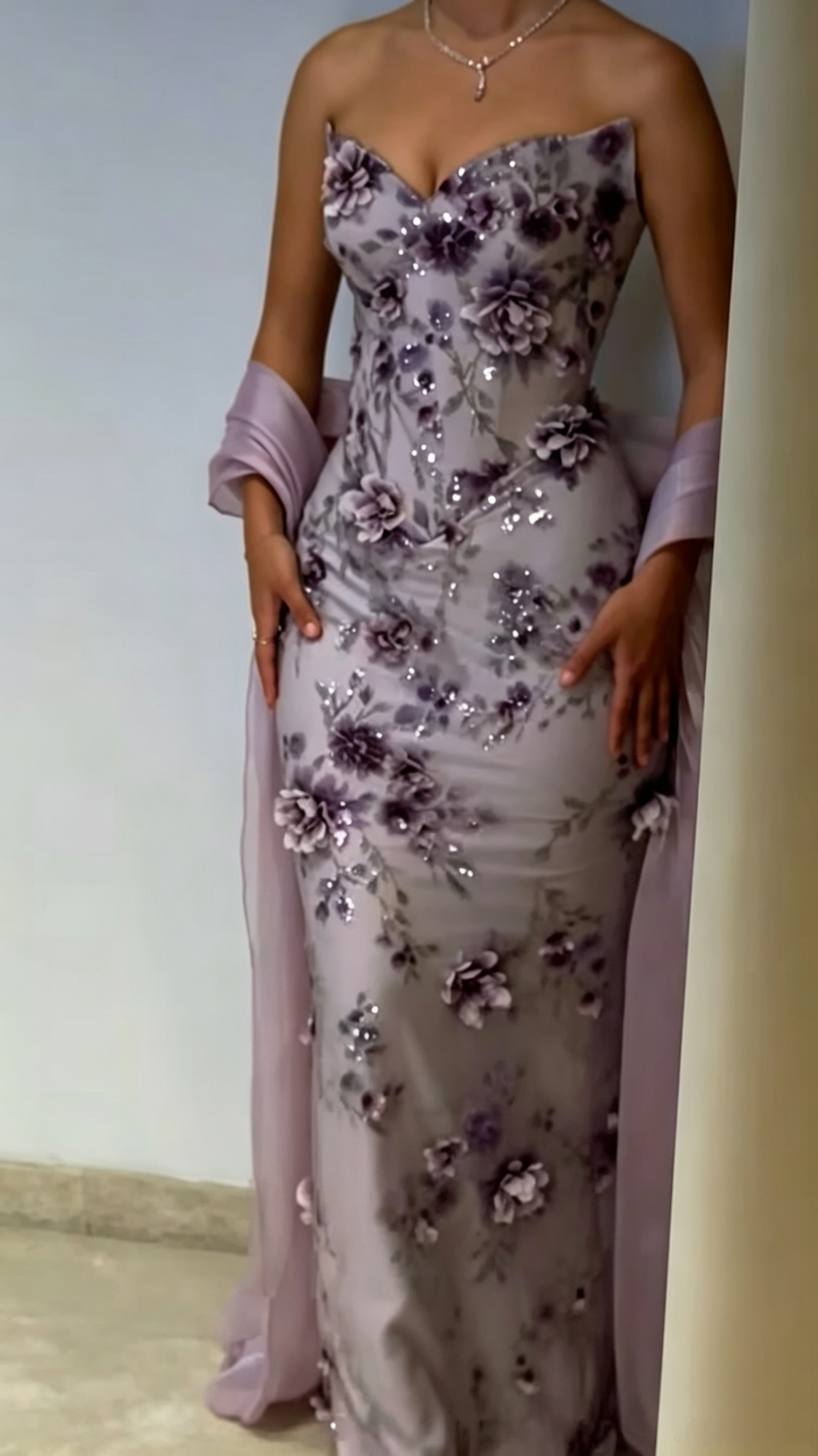 Vintage Purple Strapless Satin Floral Mermaid Long Party Dress Prom Dress D4361