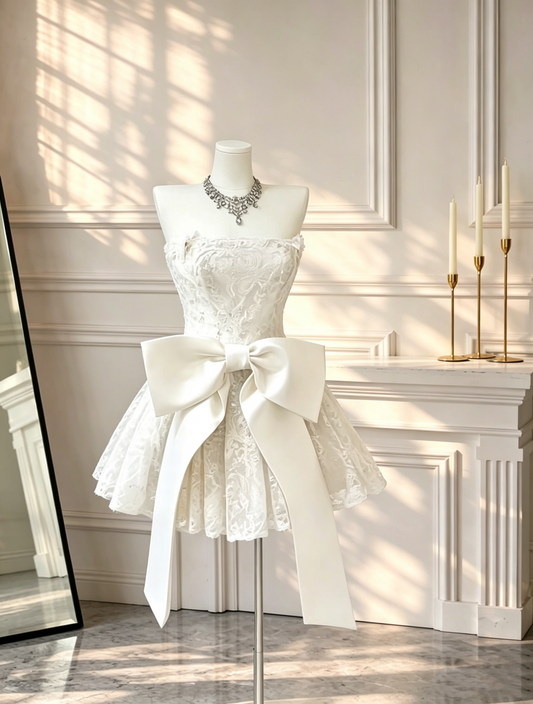 Elegant Strapless White Lace A Line Short Homecoming Dress Cocktail Dress With Bow D2708