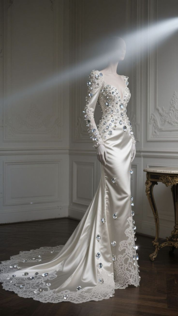 Charming White Satin Lace Beaded Mermaid Long Wedding Dress D1229