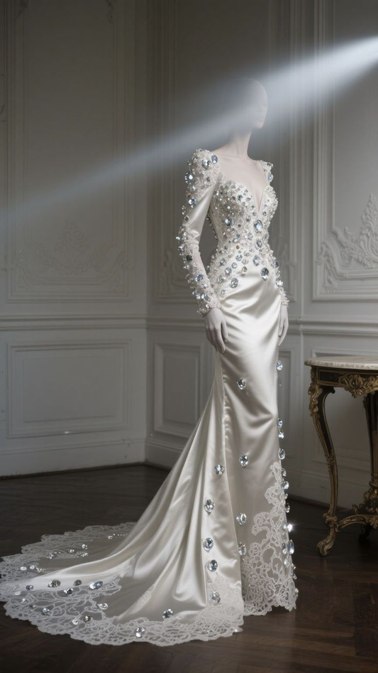 Charming White Satin Lace Beaded Mermaid Long Wedding Dress D1229