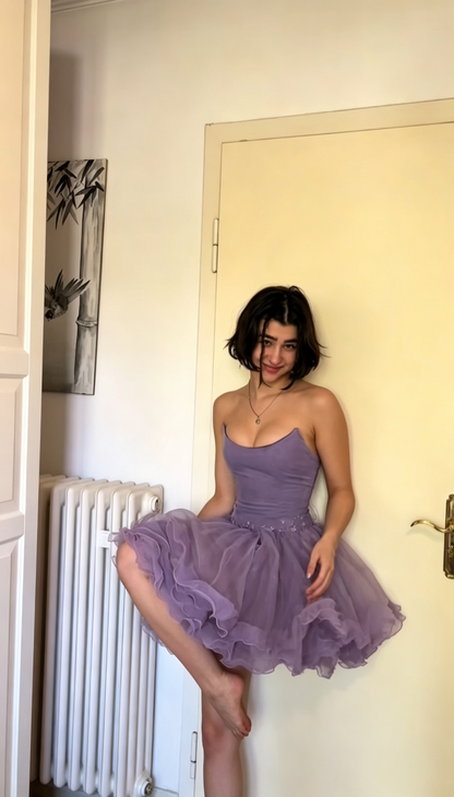 Charming Strapless Purple Tulle A Line Short Homecoming Dress Cocktail Dress D3350
