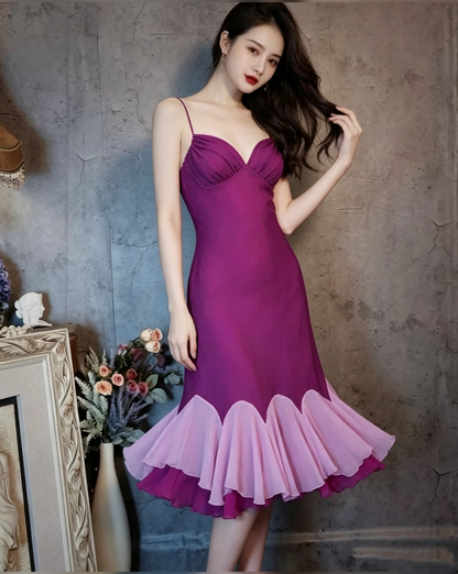 Vintage Spaghetti Straps Fuchsia Satin Chiffon Ruffles Mermaid Party Dress Long Evening Gown D1477