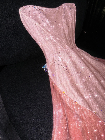 Pretty Strapless Satin Tulle Sequin Beaded Long Party Dress Pink Mermaid Long Evening Dress D4561