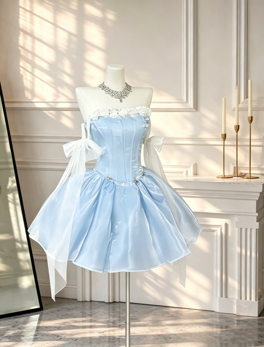 Classy Bow Straps Satin Tulle Short Birthday Outfits Blue A Line Homecoming Dress D2616
