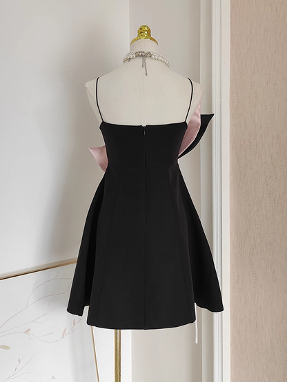 Cute A line Spaghetti Straps Black Satin Short Homecoming Dresses Birthday Outfits SD363