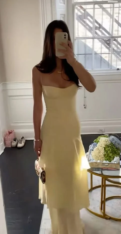 Charming Spaghetti Straps Yellow Chiffon Layered Long Prom Dress Evening Dresses D4860