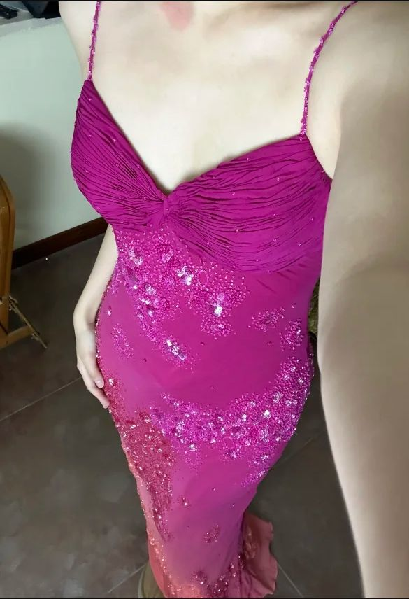 Gorgeous Ombre Rose Pink Halter V-neck Beaded Chiffon Mermaid Long Prom Dress Evening Dress D5406