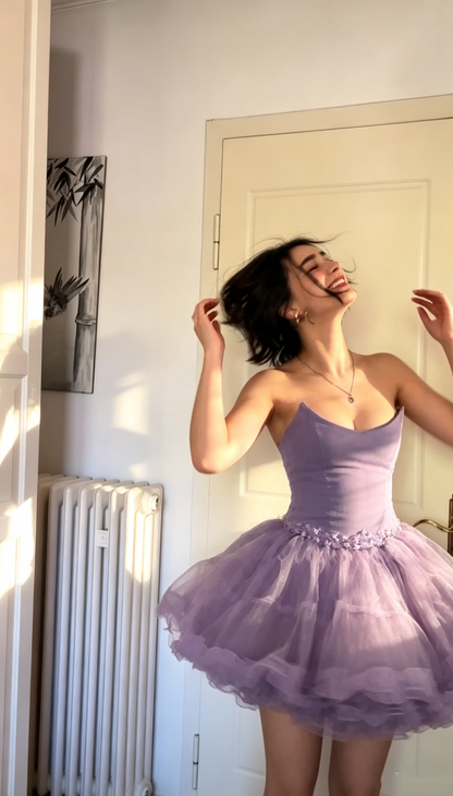 Charming Strapless Purple Tulle A Line Short Homecoming Dress Cocktail Dress D3350
