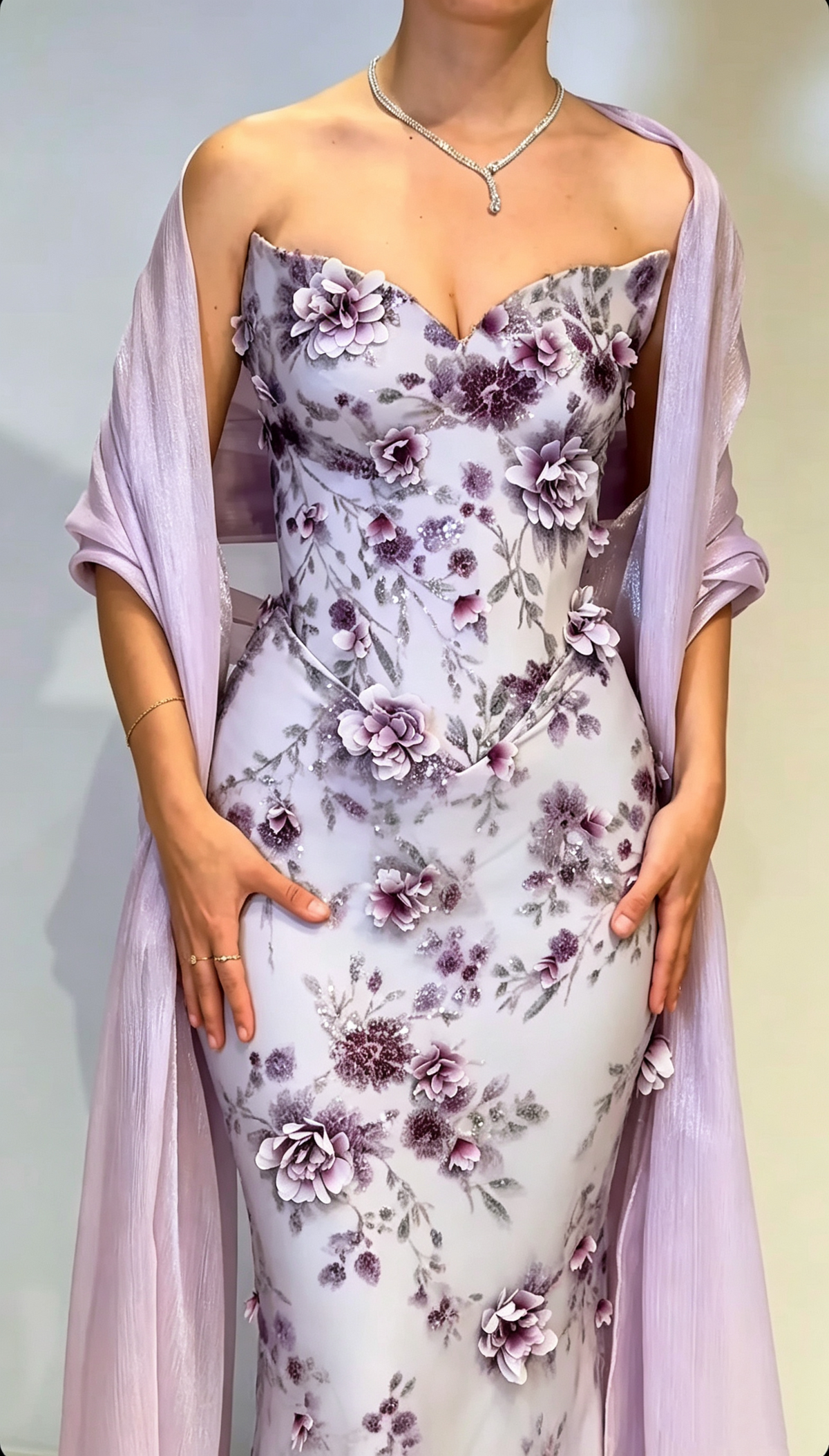 Vintage Purple Strapless Satin Floral Mermaid Long Party Dress Prom Dress D4361
