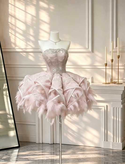 Glamorous Strapless Pink Mini Homecoming Dress Sequin Feathers Beaded A Line Short 18th Birthday Outfits D2707