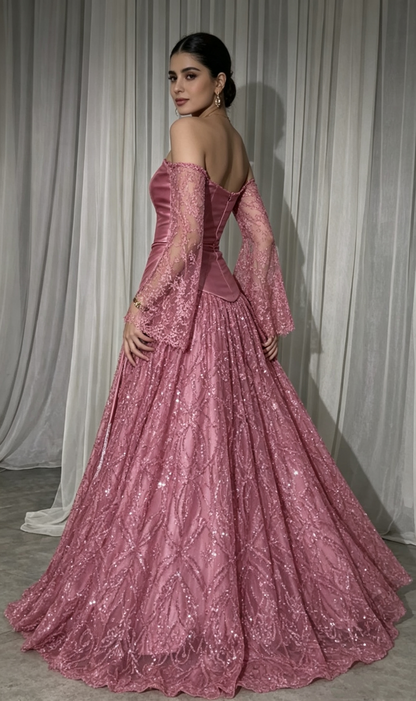 Pretty Pink Satin Lace Sequin Long Party Dress Off The Shoulder Long Wedding Guest Dress D4280