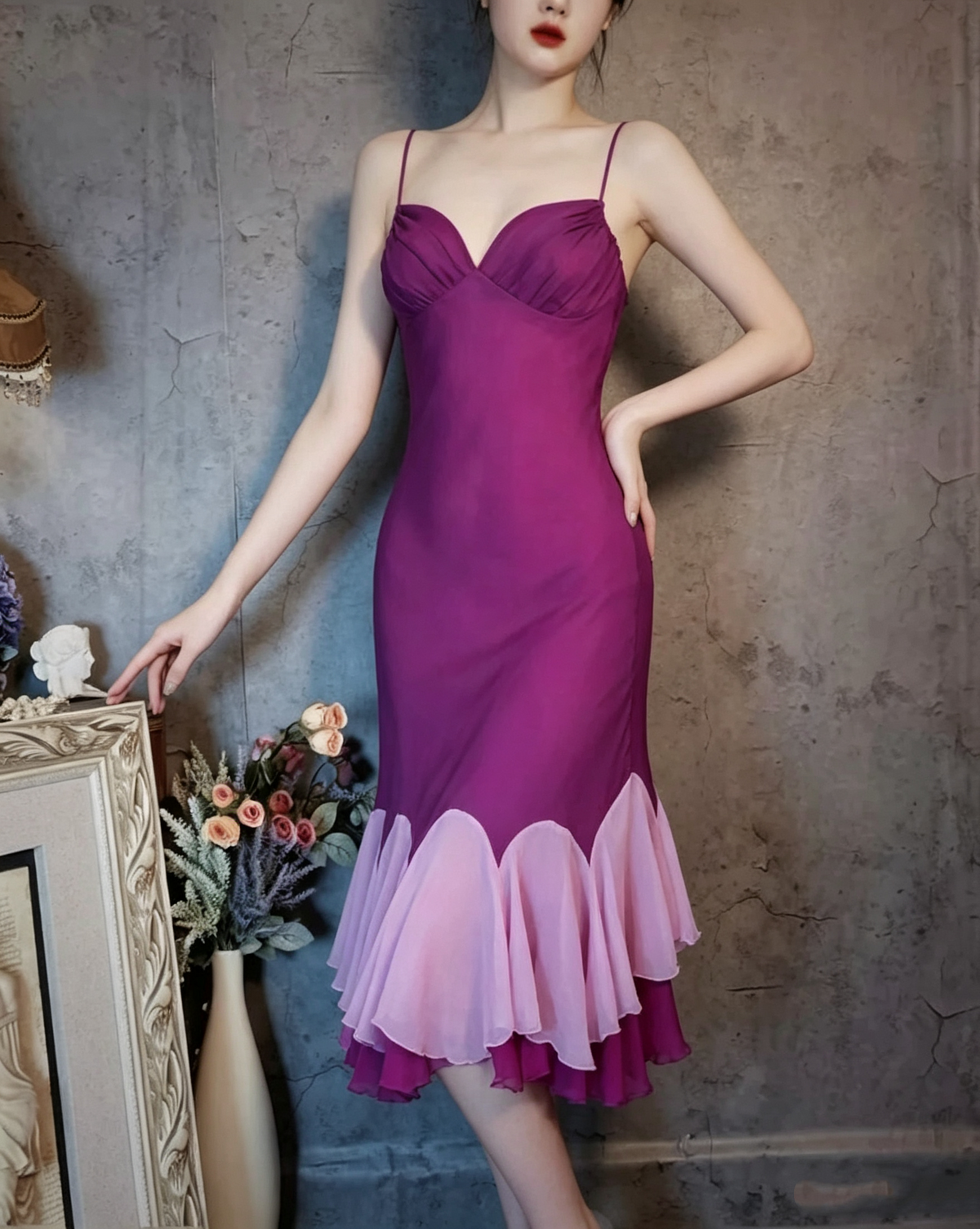 Vintage Spaghetti Straps Fuchsia Satin Chiffon Ruffles Mermaid Party Dress Long Evening Gown D1477