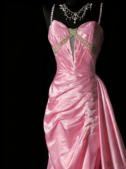 Unique Mermaid Spaghetti Straps Pink Satin Vintage 1950s Long Prom Dresses Party Dress D4267