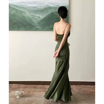 Simple Sheath Spaghetti Straps Floor Length Olive Green Long Party Dresses Birthday Outfits SD433