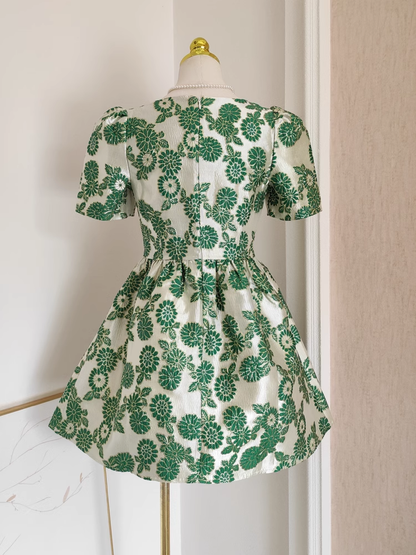 Cute A line Short Sleeves Satin Green Floral Cocktail Dress Short Birthday Outfits SD400