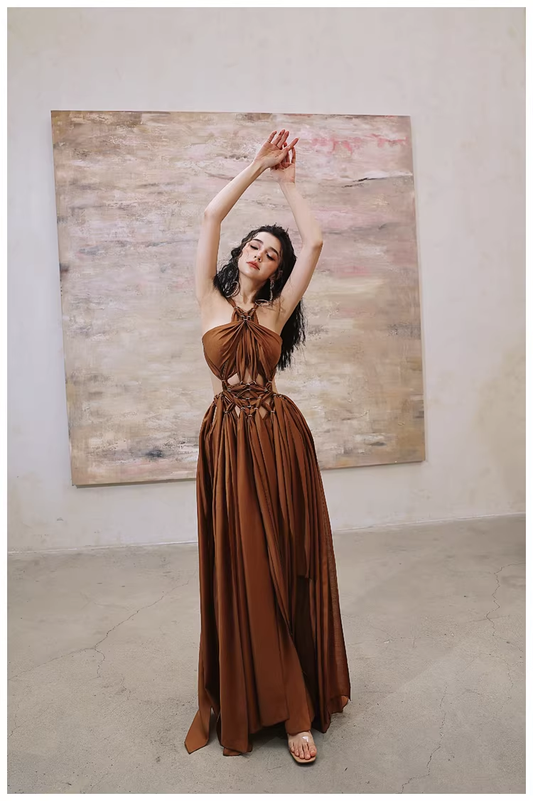 Sexy Halter Caramel Backless Satin Long party Dress Evening Gown D2419