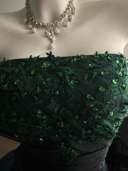 Fashion Dark Teal Satin Pleated Sequin Mermaid Evening Dress Strapless Long Wedding Guest Dress D3734