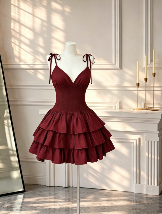 Stylish Spaghetti Straps V Neck A Line Short Cocktail Dress Burgundy Satin Layered Short Homecoming Dress D2618