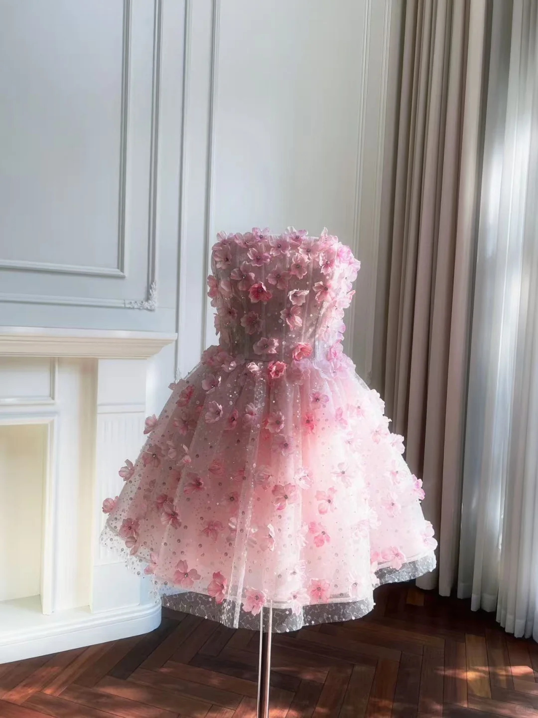 Pretty Pink Strapless Tulle Sequin Floral A Line Short Graduation Homecoming Dress Mini Birthday Outfits D2940