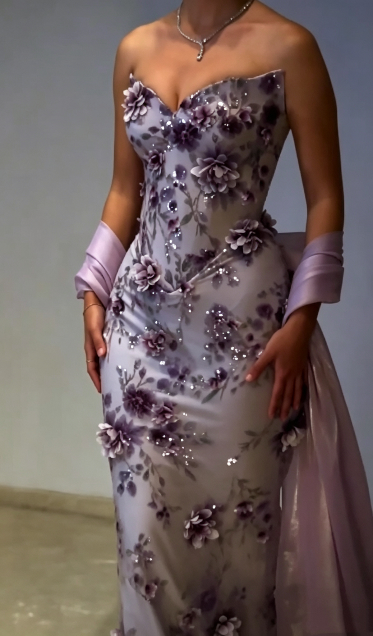 Vintage Purple Strapless Satin Floral Mermaid Long Party Dress Prom Dress D4361