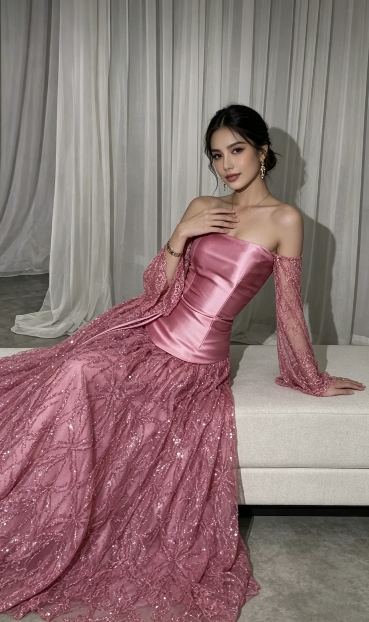 Pretty Pink Satin Lace Sequin Long Party Dress Off The Shoulder Long Wedding Guest Dress D4280