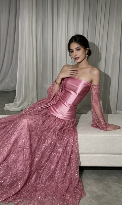 Pretty Pink Satin Lace Sequin Long Party Dress Off The Shoulder Long Wedding Guest Dress D4280