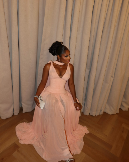 Stylish Pink Chiffon Pleated A Line Long Wedding Guest Dress Evening Dress With Ribbon D1363