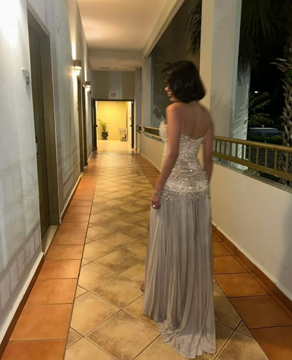 Shiny Sweetheart Neck Satin Beaded Chiffon Beaded High Slit Long Prom Dresses Party Dress D4516