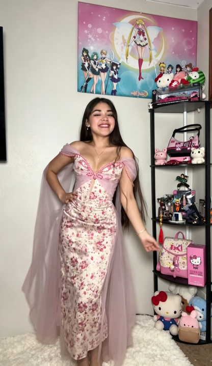 Pretty Pink Off The Shoulder Satin Print Floral Mermaid Long Party Dress Prom Dress D3561
