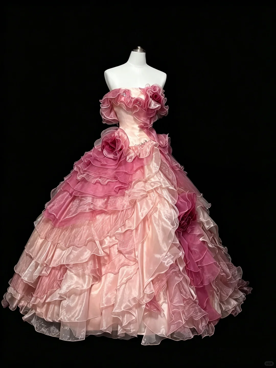 Retro Ball Gown Pink Gradient Strapless Tulle Layered Ruffles Beaded Quinceanera Dress D5277