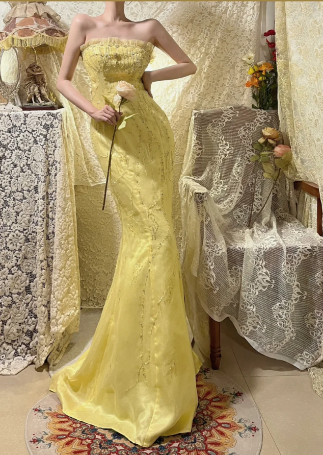 Sweet Strapless Yellow Tulle Satin Beaded Mermaid Long Prom Dress Birthday Party Gown D2137