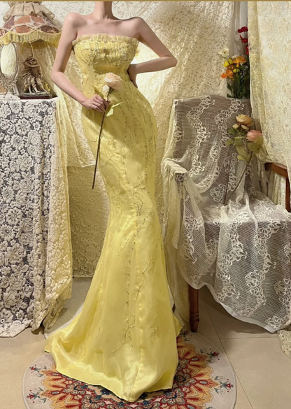 Sweet Strapless Yellow Tulle Satin Beaded Mermaid Long Prom Dress Birthday Party Gown D2137