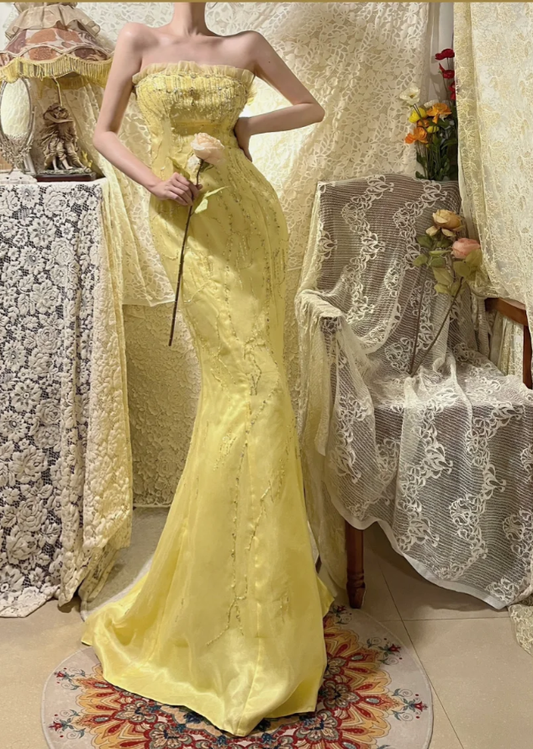 Sweet Strapless Yellow Tulle Satin Beaded Mermaid Long Prom Dress Birthday Party Gown D2137
