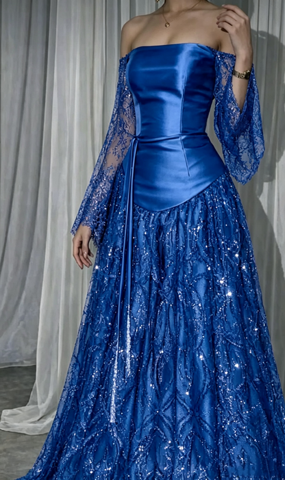 Pretty Pink Satin Lace Sequin Long Party Dress Off The Shoulder Long Wedding Guest Dress D4280