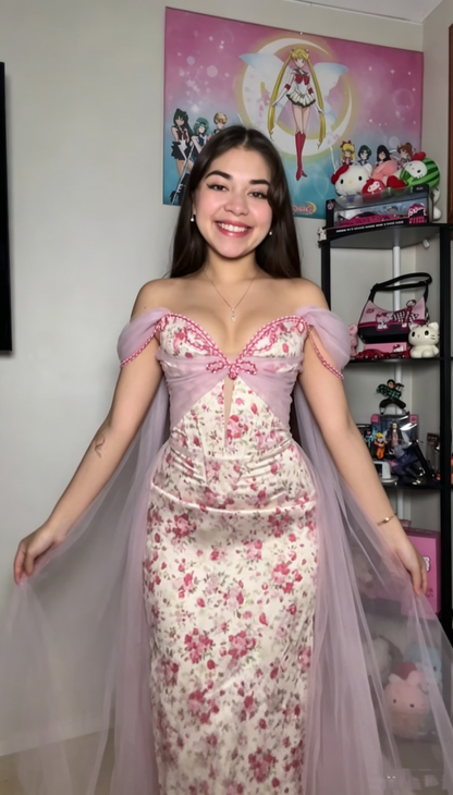 Pretty Pink Off The Shoulder Satin Print Floral Mermaid Long Party Dress Prom Dress D3561